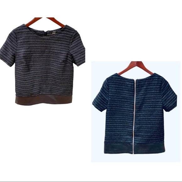 Tart Metallic Tweed Faux Leather Trim Back Zip Top Blouse Blue Black XS - Picture 1 of 8